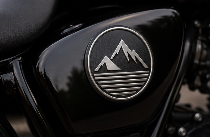 Mountain circular chrome badge on black motorcycle tank