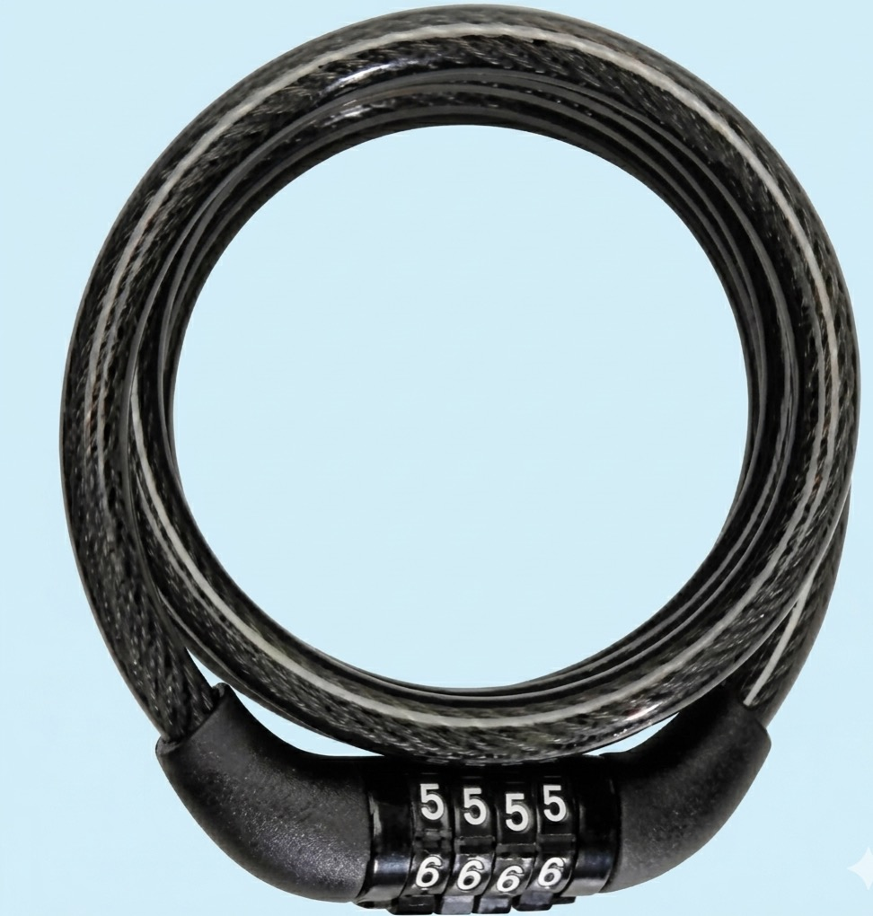 Coiled cable combination helmet lock with 4-digit code