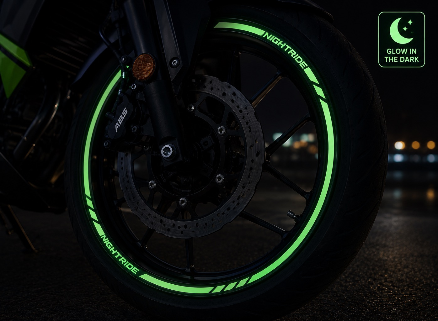 Motorcycle wheel with green glow-in-the-dark rim tape