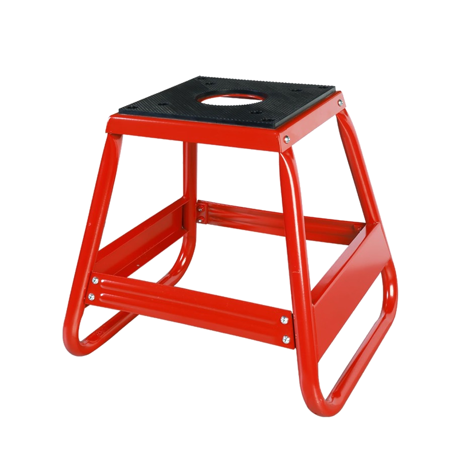 Red dirt bike service stand with heavy-duty steel frame