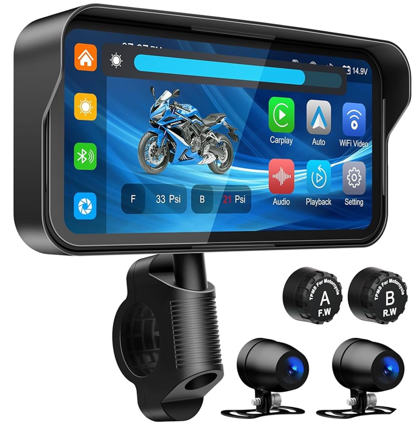 Motorcycle speedometer touchscreen with CarPlay, navigation, and TPMS sensors